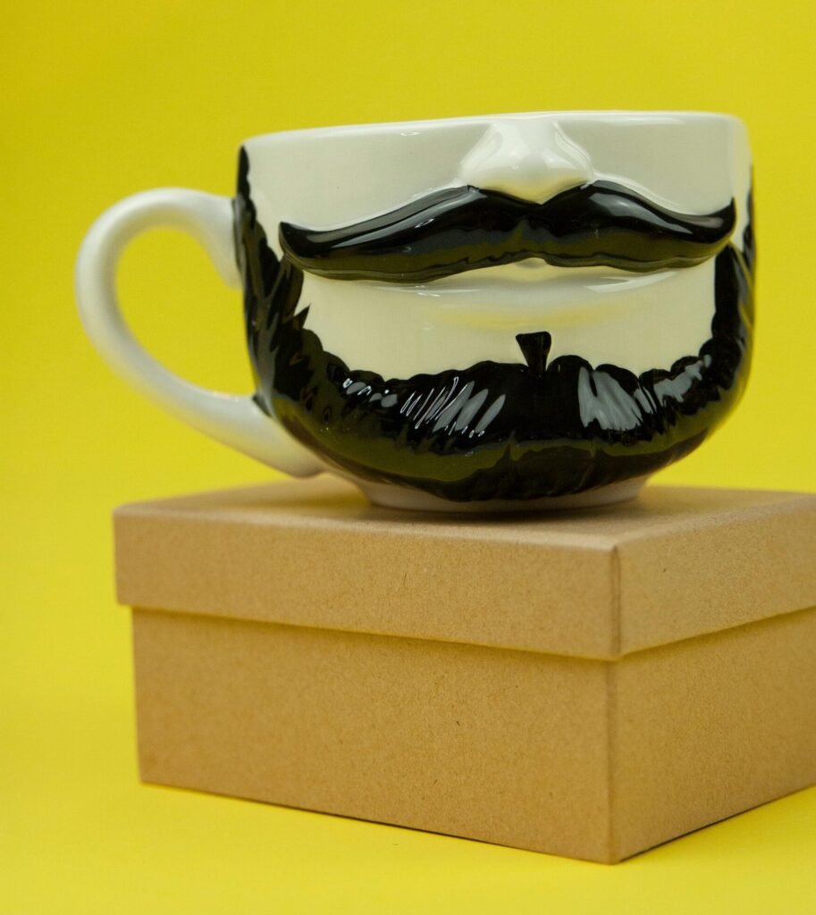 Best Gag Gifts — Silly, Safe, and Under Budget! Composition of creative cup with mustache and beard placed on small cardboard box on yellow surface